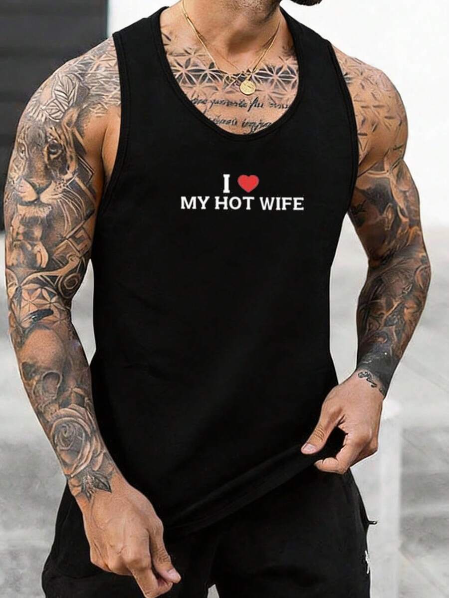 Men's Cotton Printed Street Vest, Ribbed Knit Sleeveless Athletic Vest, Gym Muscle Tank Top, Street Style Vest - màu đen - Xem 1