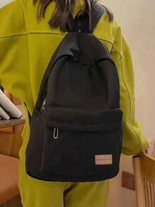 Mochila escolar de gran capacidad y multiusos de unicolor minimalista, de vuelta a la escuela - Negro - Ver 3