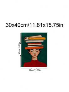 1件装舒适阅读角墙饰，椅子上堆放着一摞书，中性美学装饰，爱书之人墙饰，头顶书本的女子图案，文学装饰，阅读灵感艺术品，复古卧室艺术画，客厅装饰，办公室装饰，教室装饰，墙饰，家居装饰，房间装饰，帆布墙饰，海报，带框墙饰，可选画框 - 彩色 - 查看 14