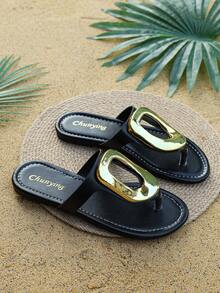 Comfortable Vacation Style Beach Sandals, One-Piece Slip-On Thong Flat Slippers, Versatile Metal Ring Fashionable Holiday Shoes - Black - View 8