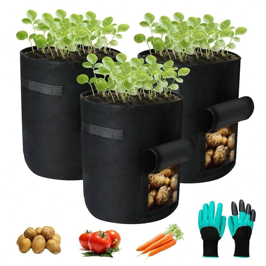 3 Stück Kartoffel Pflanzsack mit Griffen und Sichtfenster, pflanzsäcke aus Vliesstoff, Langlebiger Atmungsaktiver Stofftöpfe mit Gärtnerhandschuhen für Kartoffeln, Tomaten und Blumen (7 Gallonen)-3022 - 7 Gallonen - Übersicht 1