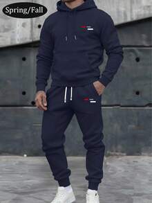 Męski, lekki, spersonalizowany zestaw bluzy z kapturem i nadrukiem w litery oraz spodni ze ściągaczem w pasie, modny, sportowy strój na co dzień z kieszeniami, odpowiedni na prezent dla męża lub chłopaka, wiosna/jesień