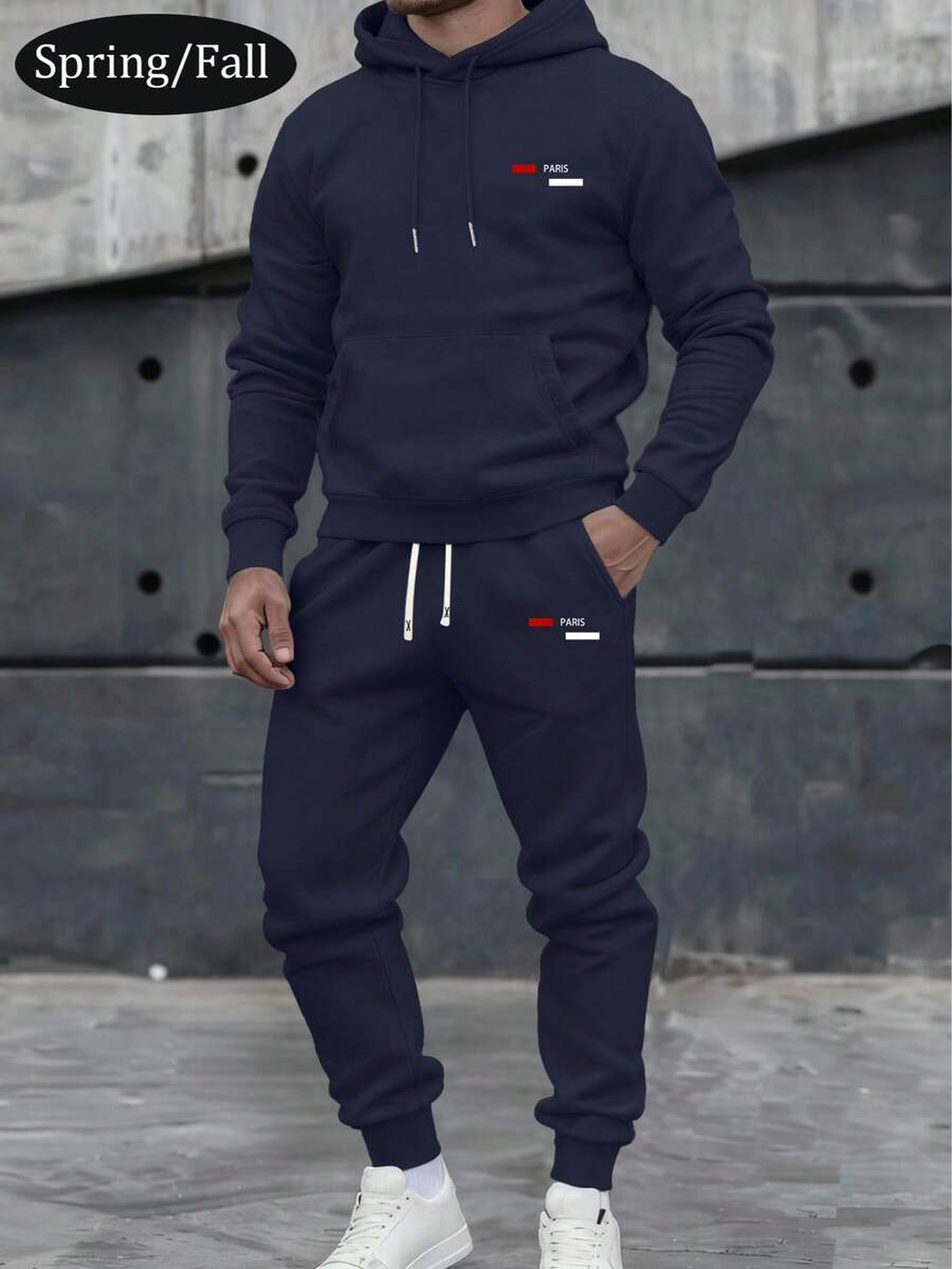 Męski, lekki, spersonalizowany zestaw bluzy z kapturem i nadrukiem w litery oraz spodni ze ściągaczem w pasie, modny, sportowy strój na co dzień z kieszeniami, odpowiedni na prezent dla męża lub chłopaka, wiosna/jesień