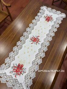1pc White Lace Edged Table Runner, Polyester Embroidered Dust-Proof Heat-Resistant Lace Decor Table Runner, Suitable For Dining Table, Coffee Table, Buffet, Christmas Decoration, Daily Home Use, Wedding And Holiday Party - White - View 9