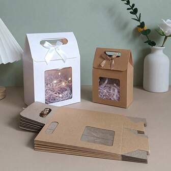 10 cajas de regalo de papel blanco con lazo de cinta, ventana transparente y asas, cajas de envoltura de regalo para bodas, fiestas, cumpleaños, regalos escolares, pequeños negocios y regalos de aula, empaque de invierno, Día de San Valentín