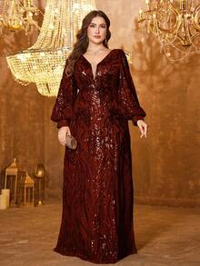 UNITHORSE V领长袖奢华亮片装饰修身鸡尾酒会礼服 - 紅木色 - 查看 4