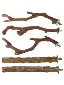 5 Stücke Vogelstangen Set, natürliche Holz Papageien Stangen, 3 Stücke Traubeneichen Stangen, 2 Stücke Ständer, Krallenschleifer, Tiger Streifen Papageien Kaustock, Trainingsäste, geeignet für Nymphensittiche, kleine & mittlere Vögel - Verschiedenfarbig - Übersicht 9