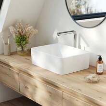 1pc Modern Simple Rectangular Ceramic Basin 40*30*13cm Bright White Over-The-Tap Basin Includes Hose And Water Inlet For Use In Wardrobe Room/Bathroom/Occupational Office - White - View 5