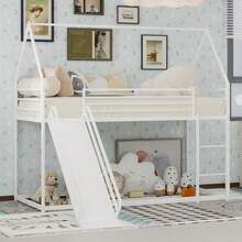 Twin Over Twin Bunk Bed With Slide For Children's Bedroom, House-Shaped Bed Frame With Ladder, No Box Spring Required & Easy To Assemble - 白色 - 查看 4