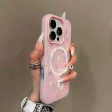 Funda para iPhone 17,16,15,14,13,12,11 Magnética de Carga Inalámbrica Dual con Tacto de Piel Gelatinoza Macarrón Minimalista y Patrón de Corazón de Líneas Coloridas - Rosa - Ver 2