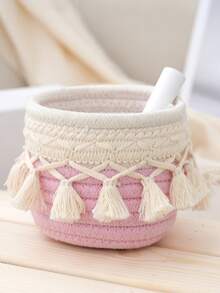 1个北欧风流苏收纳圆筒，手工编织整理篮，简约复古室内创意篮，桌面文具/化妆刷收纳架 - 彩色 - 查看 4