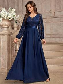 MIUSOL Elegant Floral Lace Deep V-Neck Lantern Sleeve Ruffle Hem Maxi Evening Dress - Navy Blue - View 7