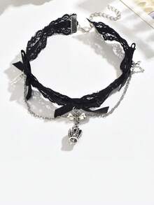 1pc Women's Versatile Choker Necklace With Bow, Lace, Heart, Crown Pendant, Collar Necklace - Multicolor - View 5