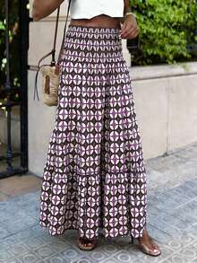 新款波西米亚风高腰弹力多层喇叭裙：紫棕色几何撞色印花，适合日常穿着、海滩度假、日光浴 - 彩色 - 查看 3