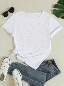 Casual Crew Neck Short Sleeve Tee With Sarcastic Graphic Print - "I ALREADY KNOW HOW MY LIFE WILL END... ONE OF MY CHILDREN WILL UNPLUG MY LIFE SUPPORT TO CHARGE THEIR PHONE" Funny Statement T - Shirt For Women - White - View 4