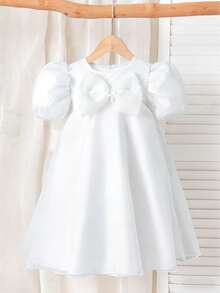 Young Girl Fairy Tale White Princess Dress, Girls Pure White Bow Tulle Dress, Children's Wedding Flower Girl Dress, Birthday Party Princess Dress | Elegant Fairy-Like Refined Banquet Essential, Suitable For 4-7 Years Old Girls, Spring/Summer - White - View 2