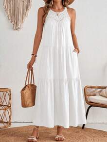 Women Summer Sleeveless Loose Dress Casual Hollow Out Halter Sleeveless Boho Long Sundress Spring Beach Holiday Vacation Valentine Long Maxi Dress - 白色 - 查看 6