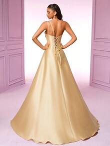 VIPGIRL 黄色 3D 立体花朵贴花高开衩单肩正式晚礼服，优雅派对礼服，女士正式舞会礼服，正式晚礼服，派对礼服 - 黃色 - 查看 2