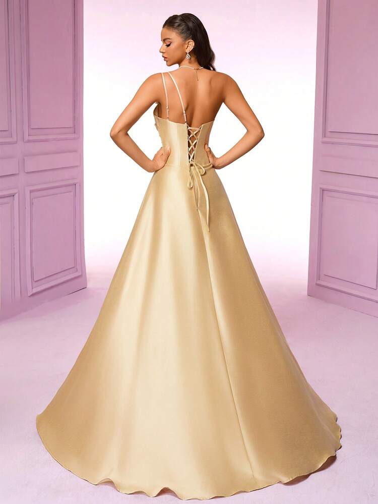 VIPGIRL 黄色 3D 立体花朵贴花高开衩单肩正式晚礼服，优雅派对礼服，女士正式舞会礼服，正式晚礼服，派对礼服 - 黃色 - 查看 2