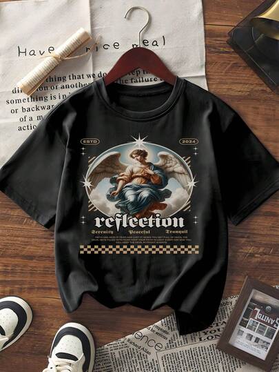 Damen Kurzarm Grafik T-Shirt mit Vintage Engel Muster, Rundhals-T-Shirt, lässig, retro, reflektierender Buchstabe, kariertes Muster, weite Passform, Sommer Top