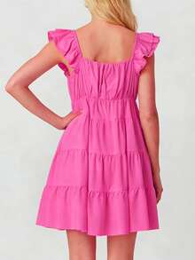 Womens Summer Tiered Solid Color Dresses Casual Boho Smocked Ruffle Sun Beach Babydoll Mini Dresses Flutter Sleeve Layered Flowy Swing Dress Deep V Neck High Waist Swing Tunic Dresses  A-Line Short Dresses For Daily Party Club Going Out Dresses - Hồng - Xem 5
