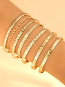 25/7 st. moderiktiga, minimalistiska, eleganta, utsökta smyckeset i vintagedesign, inklusive geometrisk spännkedja, flätade, hjärtpräglade, tvinnade, runda skivor, pärlbesatta, slät enkla, överdimensionerade manschettarmband, lämpliga för högtider, fester, dejter, presenter, vardagskläder - Gyllene - Visa 2