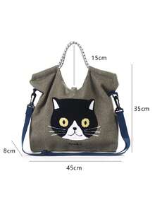 New Fashionable Minimalist Embroidered Cute Cat Versatile Large Capacity Women Tote Shoulder Bag - Multicolor - View 6