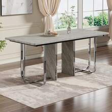 Dining Table, L180*W80*H75cm, Modern Dining Table, Sturdy Dining Table, Metal Legs, Larger Dining Table, Rectangular Dining Table, Dining Table For 6 People, Modern Simple Dining Table, Grey + Silver - Grey - View 3
