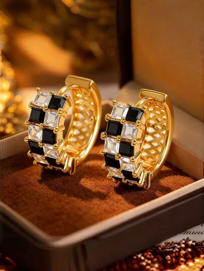 1 Pair Luxury Geometric Square White & Black Zirconia Chessboard Earrings - Elegant Jewelry For Women, Suitable For Daily And Party Wear