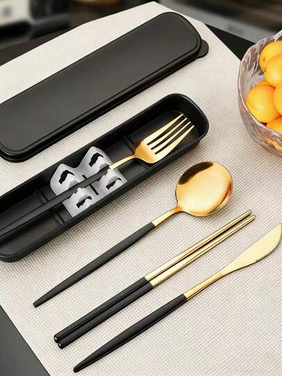 5pcs Stainless Steel Portable Cutlery Set, Includes Knife, Fork, Spoon, Chopsticks And Utensil Case, Suitable For School, Outdoor Travel, Office, Picnic, Holiday Party, Convenient For Dining Out
