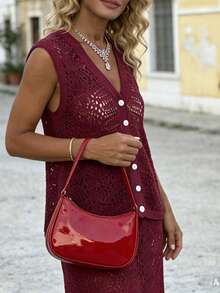 Women's Casual Vacation Lace-Up V-Neck Sleeveless Knit 2-Piece Dress Set, Spring/Summer - Burgundy - View 8