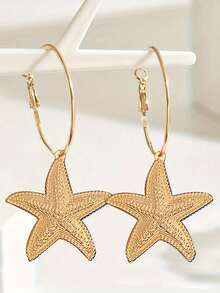 1 Pair Bohemian Shell, Conch, Faux Pearl, Starfish And Marine Life Shaped Pendant Earrings, Exaggerated Metal Design Earrings, Suitable For Daily, Street, Beach Party And Multipurpose - Gold - View 4
