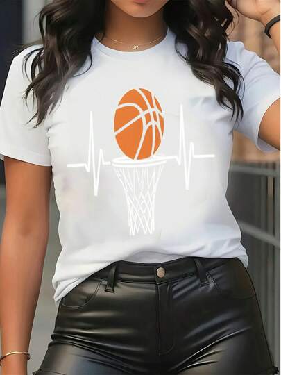 Women's Basketball Graphic Tee With Heartbeat Line & Hoop Print, Casual Crew Neck Short Sleeve T - Shirt For Sports Enthusiasts