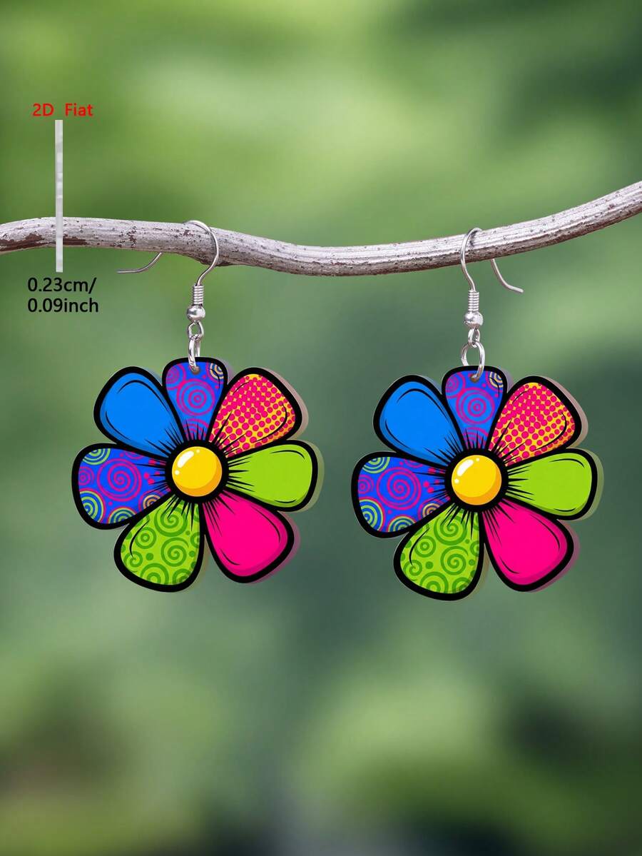 1 par de pendientes de acrílico con diseño floral 2D plano y vibrante, joyería de estilo minimalista elegante para mujeres, adecuado para uso diario y de fiesta - Multicolor - Ver 1