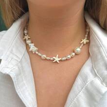 1pc Women's Beach Vacation Necklace - Turquoise Starfish Pendant With Faux Pearl, Asymmetrical Pearl Beaded Necklace, Casual Wear Or Gift, Natural Element Decorated Beach Accessory, Bohemian Style Necklace - Multicolor - View 4