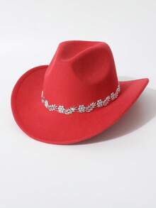 棕色毡布牛仔帽，饰有水钻叶子帽带 - 西部风格女牛仔帽，适合女士参加派对和户外活动 - 彩色 - 查看 8