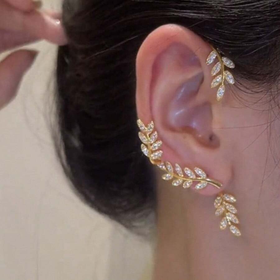 1pc Full Diamond Detachable Two-Way Wear Leaf Earrings Perfect For Special Occasions Like Banquets, Graduation Balls, And Parties It's A Perfect Accessory To Enhance Your Overall Look, Both Bold And Fashionable - Silver-right - View 1