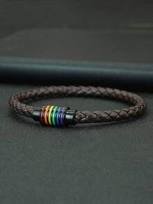 1 pieza Nuevo brazalete arcoíris de piel sintética minimalista, accesorio unisex para fiesta del orgullo LGBTQ - Pulsera de cuero PU - Ver 1