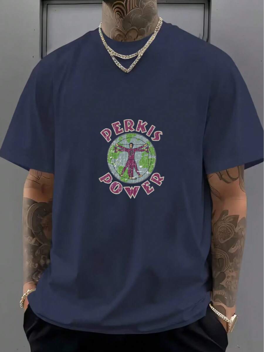 Esencial de Camiseta de algodón blanca con el patrón de "PERKIS POWER" - Azul Marino - Ver 1