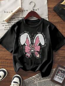 Damen Kurzarm T-Shirt mit süßem Hasenohren- und Schleifengrafik-Muster, lässig, locker geschnitten, Rundhalsausschnitt, Sommer Top für den täglichen Gebrauch, Streetwear Mode - Weiss - Übersicht 1