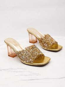 Sandalias con tacón transparente y adorno de strass en la punta cuadrada, elegantes tacones altos de moda para damas, apropiados para el uso diario en primavera/verano - Dorado - Ver 12