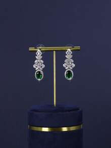 5pcs Luxury Royal Style Geometric Tassel Design Bridal Wedding Jewelry Set, Handset White Cubic Zirconia, Including Necklace, Bracelet, Earrings, Ring, Suitable For Daily Wedding Wear, Wedding Anniversary Gift (Comes In Gold Gift Box) - Geometric Green Diamond Bridal Set - View 7