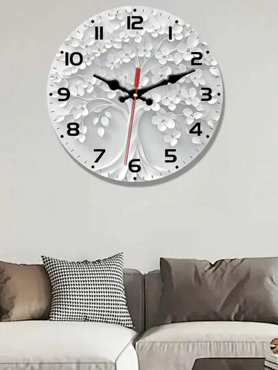 10/12 Inch Silent Non-Ticking Wall Clock - Modern Minimalist Floral Design, White Flower Pattern, Battery Operated (Batteries Not Included) - Suitable For Living Room, Bedroom, Kitchen, Office - Elegant Home Decor Gift, Ideal For Housewarming, Wedding, Birthday - Wooden, Bedroom Clock, Modern Aesthetics, Wooden Finish, Floral Pattern, Decorative Clock, Interior Designer's Choice