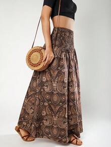 女士休闲百搭腰果印花A字裙，适合约会和外出穿着 - 棕色 - 查看 3