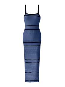 Women's Elegant Soft Minimalist Black & White Striped Sleeveless Fitted Maxi Knit Dress, Casual Beach Hollow Out Bodycon Mid-Length Crochet Swimsuit Cover Up, Spring/Summer/Autumn - Navy Blue - View 4