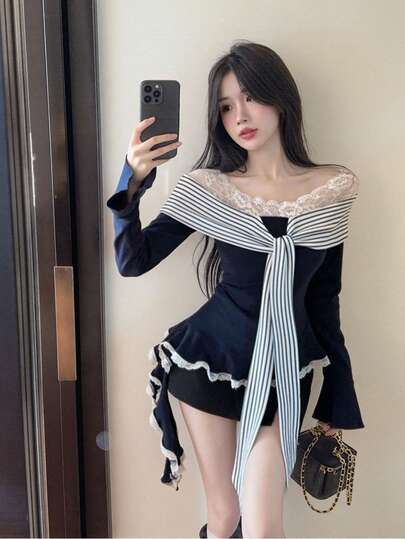 Color Block Striped Lace Patchwork Long Sleeve T-Shirt, Off-Shoulder Design, Elegant Style For Women, Autumn/Winter