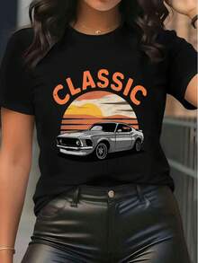 Vintage Classic Car Graphic Tee Women's Casual Short Sleeve T-Shirt Retro Sunset Printed Crew Neck Top For Summer Daily Wear - Black - View 6