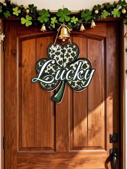 Letrero de puerta frontal con forma de trébol de la suerte, adorno colgante del Día de San Patricio, Feliz Día de San Patricio puerta frontal, decoración de pared con trébol verde, colgante de puerta irlandesa para decoración interior y exterior del hogar, porche y ventana, decoración colgante de puerta de la suerte para el hogar