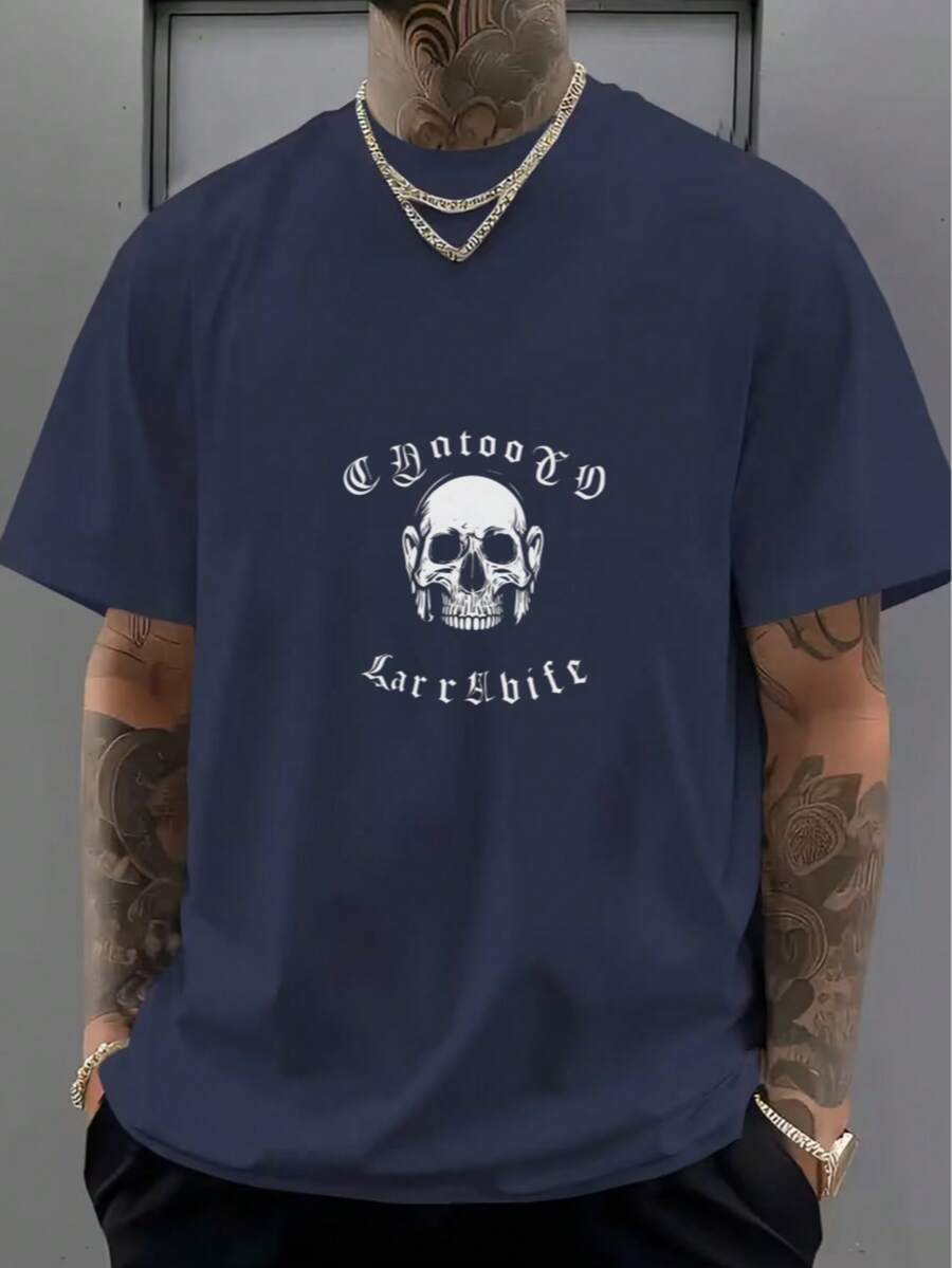 Esencial de Camiseta de algodón blanca con patrón de calavera - Azul Marino - Ver 1