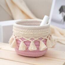 1个北欧风流苏收纳圆筒，手工编织整理篮，简约复古室内创意篮，桌面文具/化妆刷收纳架 - 彩色 - 查看 10